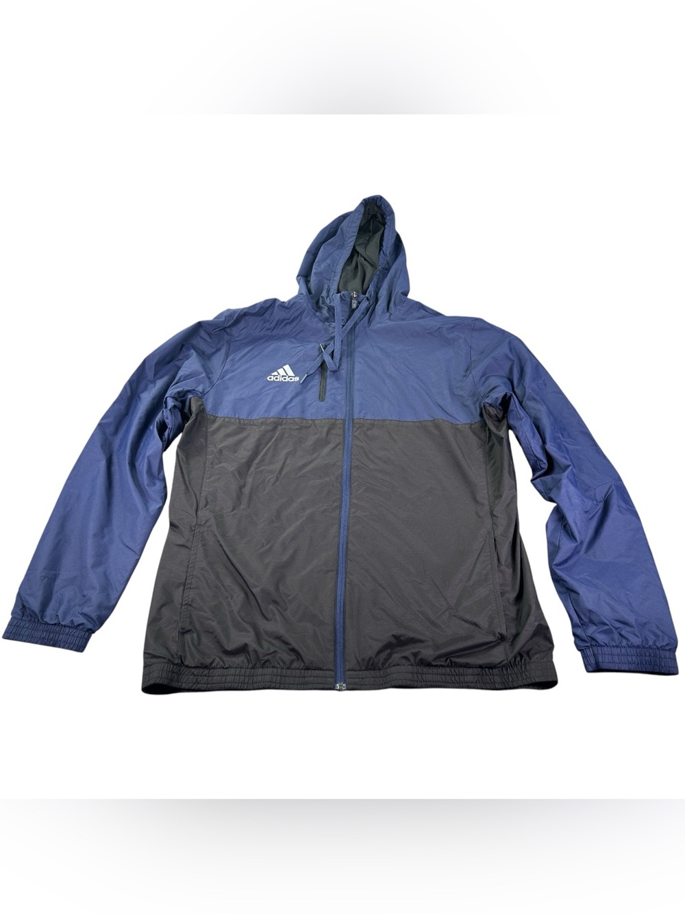adidas CY6484 Colorblock Windbreaker Men’s L Blue Black Hooded Full Zip Jacket